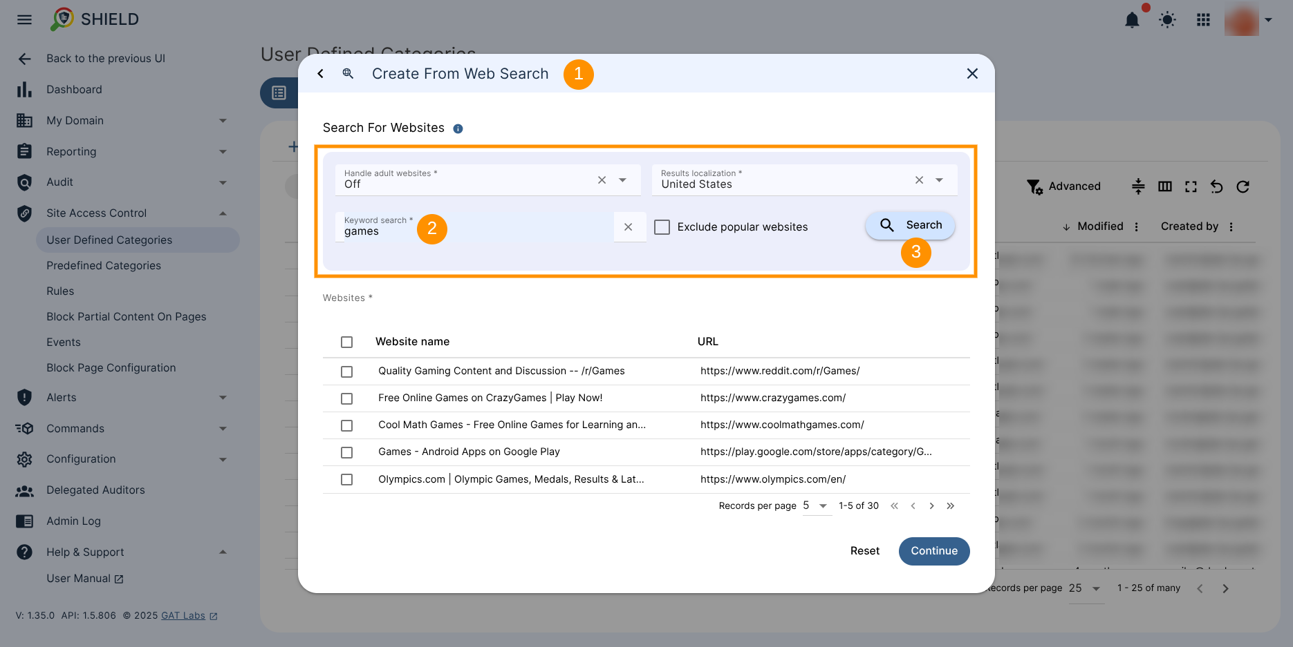Category creation wizard window showing the option to create the category from the web search.