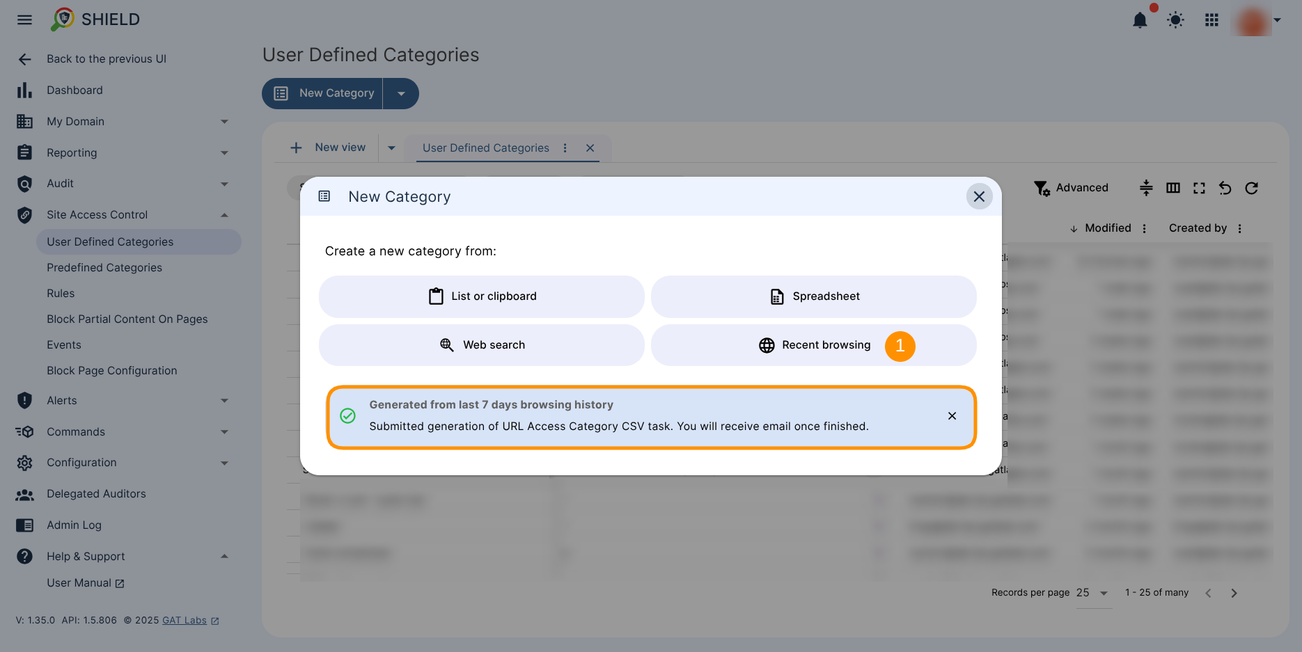 Category creation wizard window showing the option to create the category from recent browsing and via generated spreadsheet.