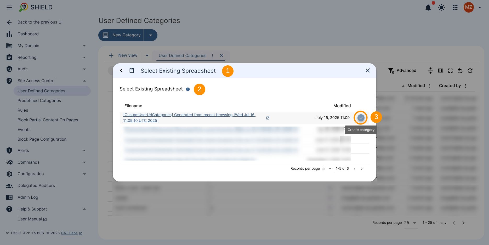 Category creation wizard window showing the option to create a category using a generated spreadsheet and the option to select an existing spreadsheet.
