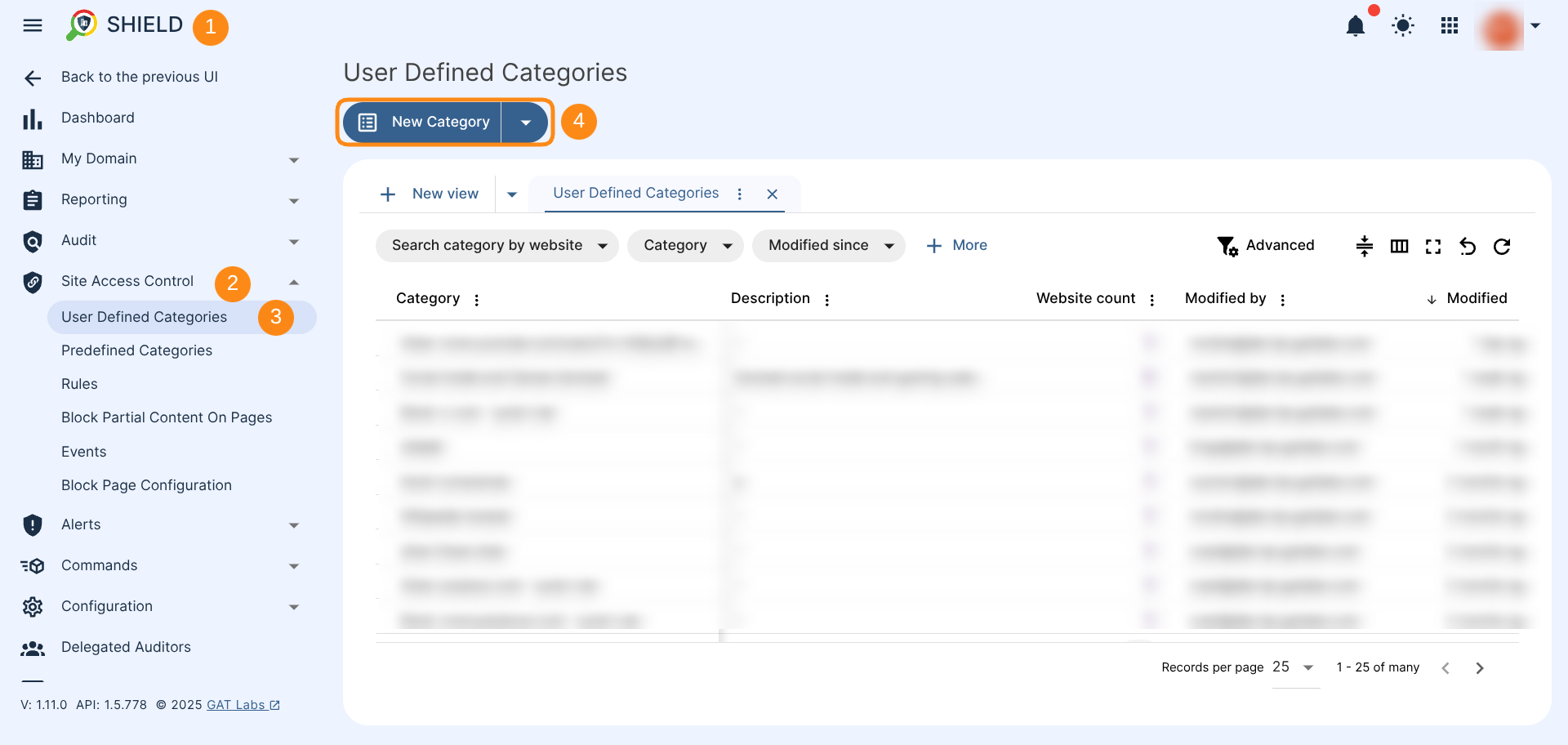 GAT Shield dashboard showing User Defined Category section and the New Category button to create the new category.