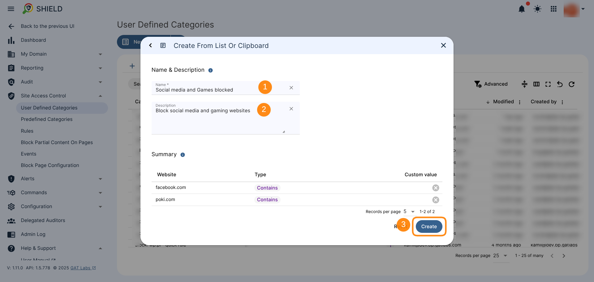 Create New category wizard window showing the creating steps: the category Name, Description, Summary and the Create button.