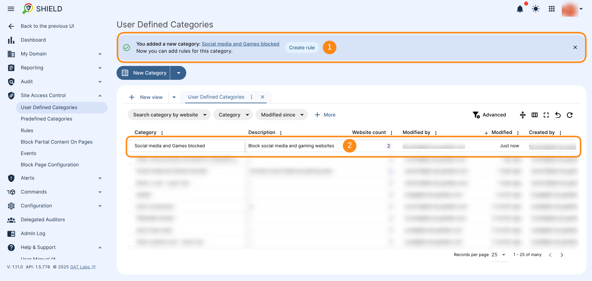 User Defined Categories dashboard showing the recently created category and the option to Create rule based on that category.