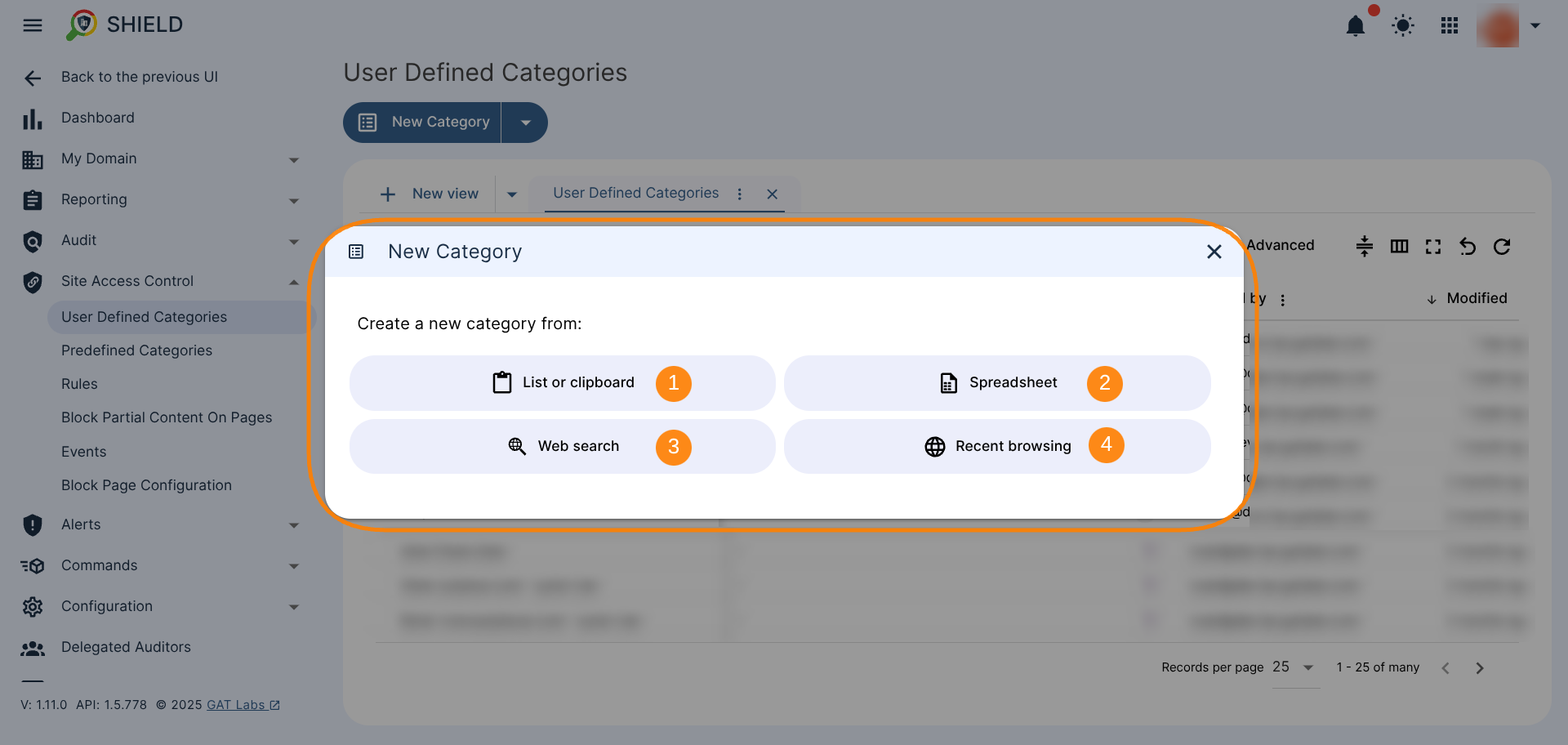Creating a New Category window showing four options to create one: via List or clipboard, via Spreadsheet, via Web search, and via Recent browsing activities.