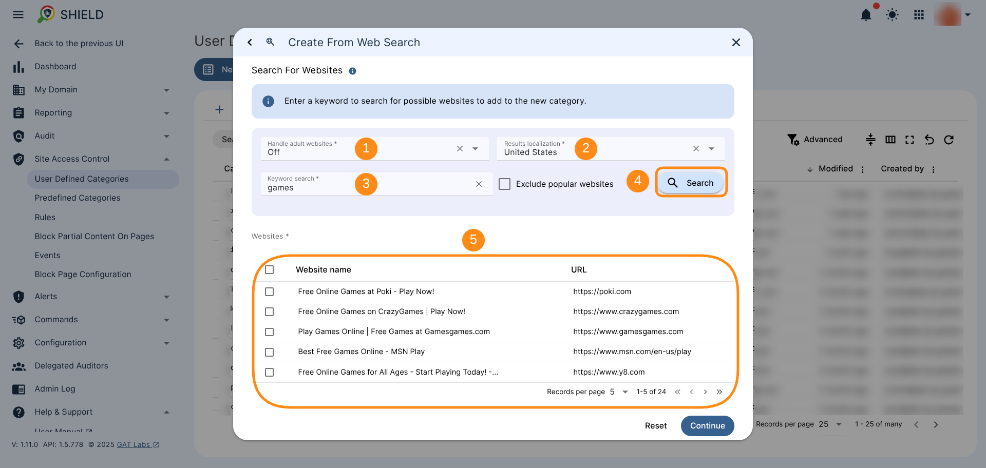 Create From Web Search creator window showing the following configurations: Handle adult websites (Off, Moderate or Strict), Results localization, Keyword search and the Search button. Below the table with the search results is displayed.