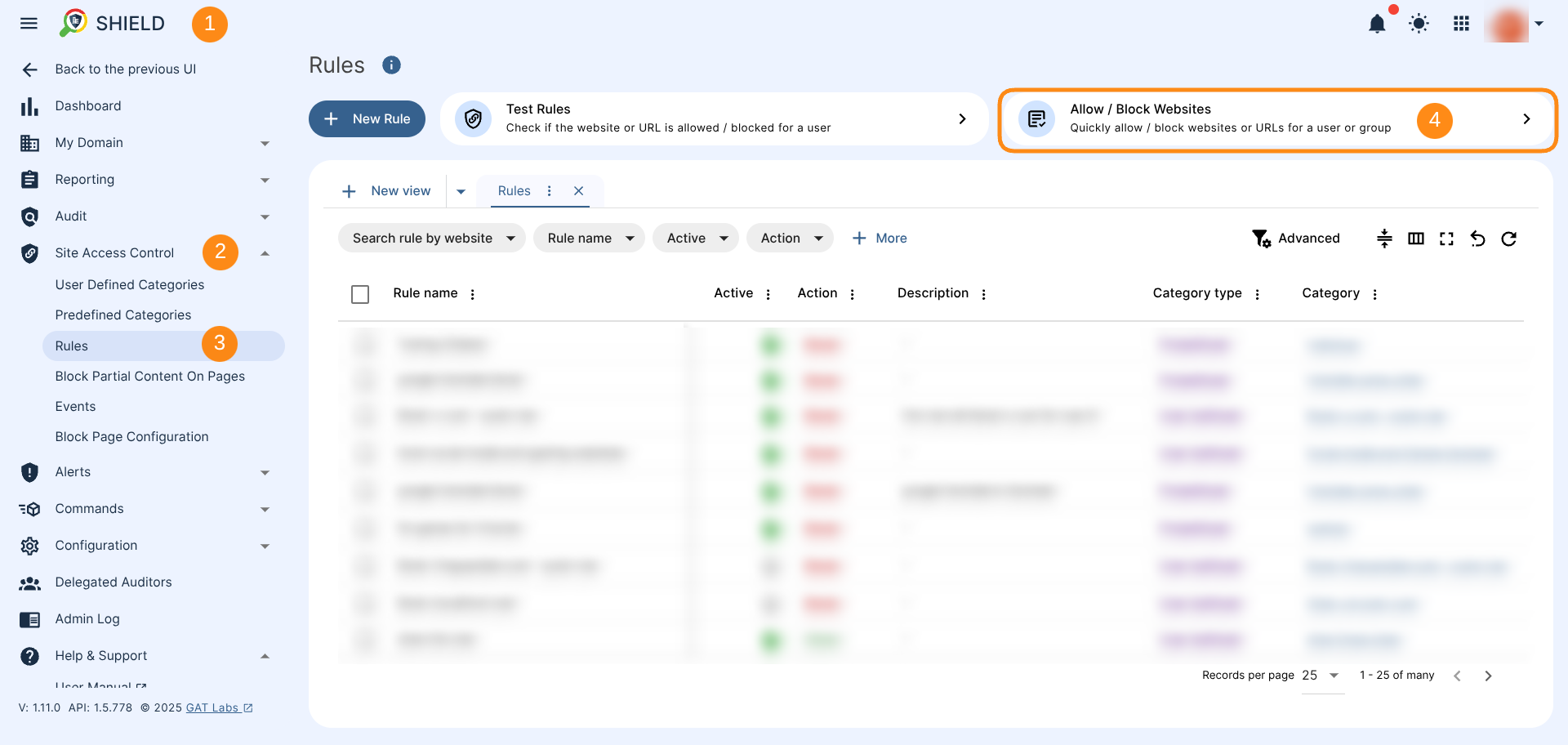 GAT Shield dashboard showing Site Aess Control Rules section and the button to Allow / Block Websites to quickly apply the rule.