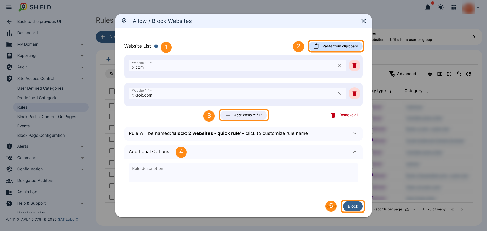 Allow / Block Websites wizard window showing two options to create the list of the websites: Past from clipboard and Add Website / IP manually. Additional Options (optional) showing the Rule description field.