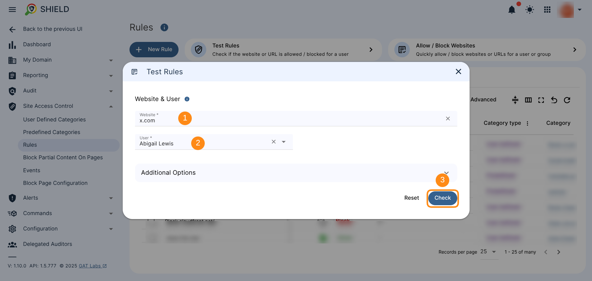 Test Rules configuration window showing website (x.com), user that the rule will be checked for, and the Check button.