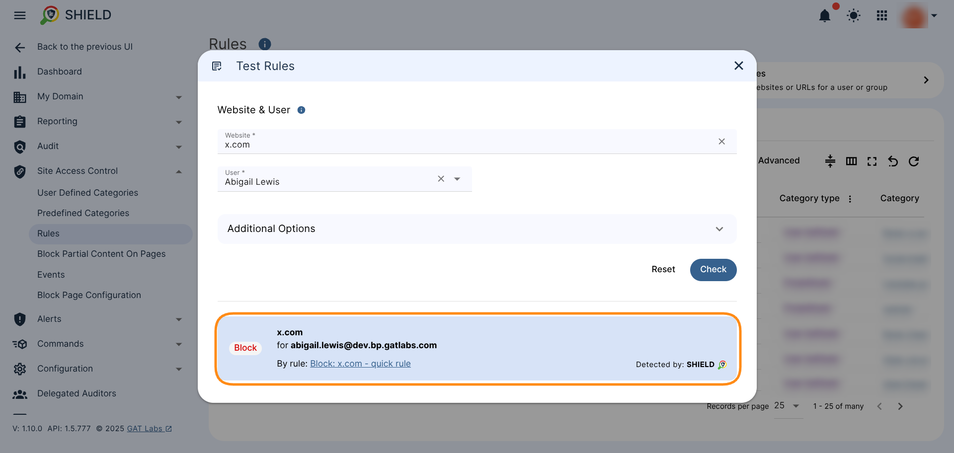 Test Rules results showing that the website (x.com) is Blocked for a selected user by the identified rule (Block: x.com - quick rule), and detected by Shield product.