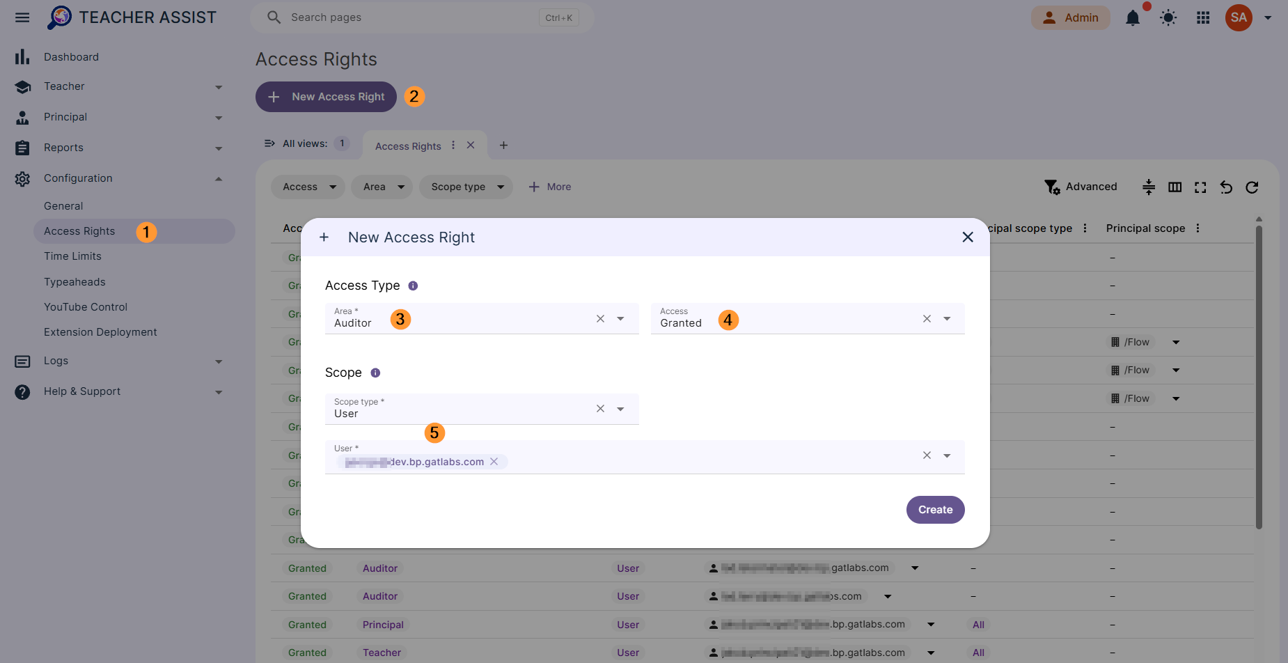 To assign the Delegated Auditor rights, an administrator must log in to Teacher Assist. Navigate to Configuration > Access Rights > New access right Fill in the access type. Area - select Auditor Access - select Granted Scope - select user who will have the Auditor access  Create - click to create the Auditor