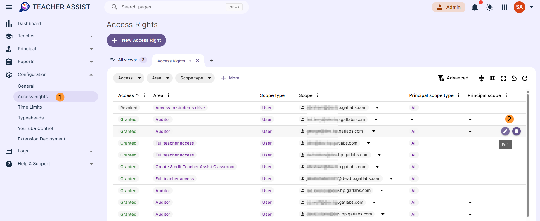 The Delegated Auditor in Teacher Assist now exists. The Super Administrator can edit or delete it at any time. Navigate to Configuration > Access rights > View list of all accesses given.