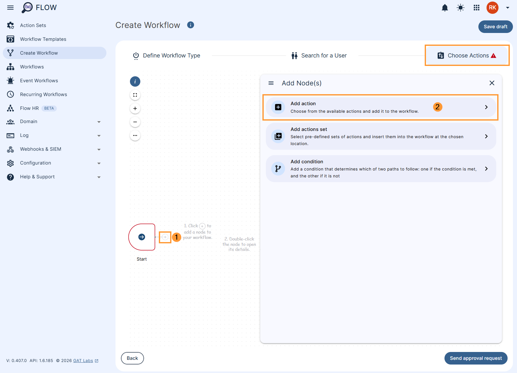 Adding an action in a GAT Flow workflow