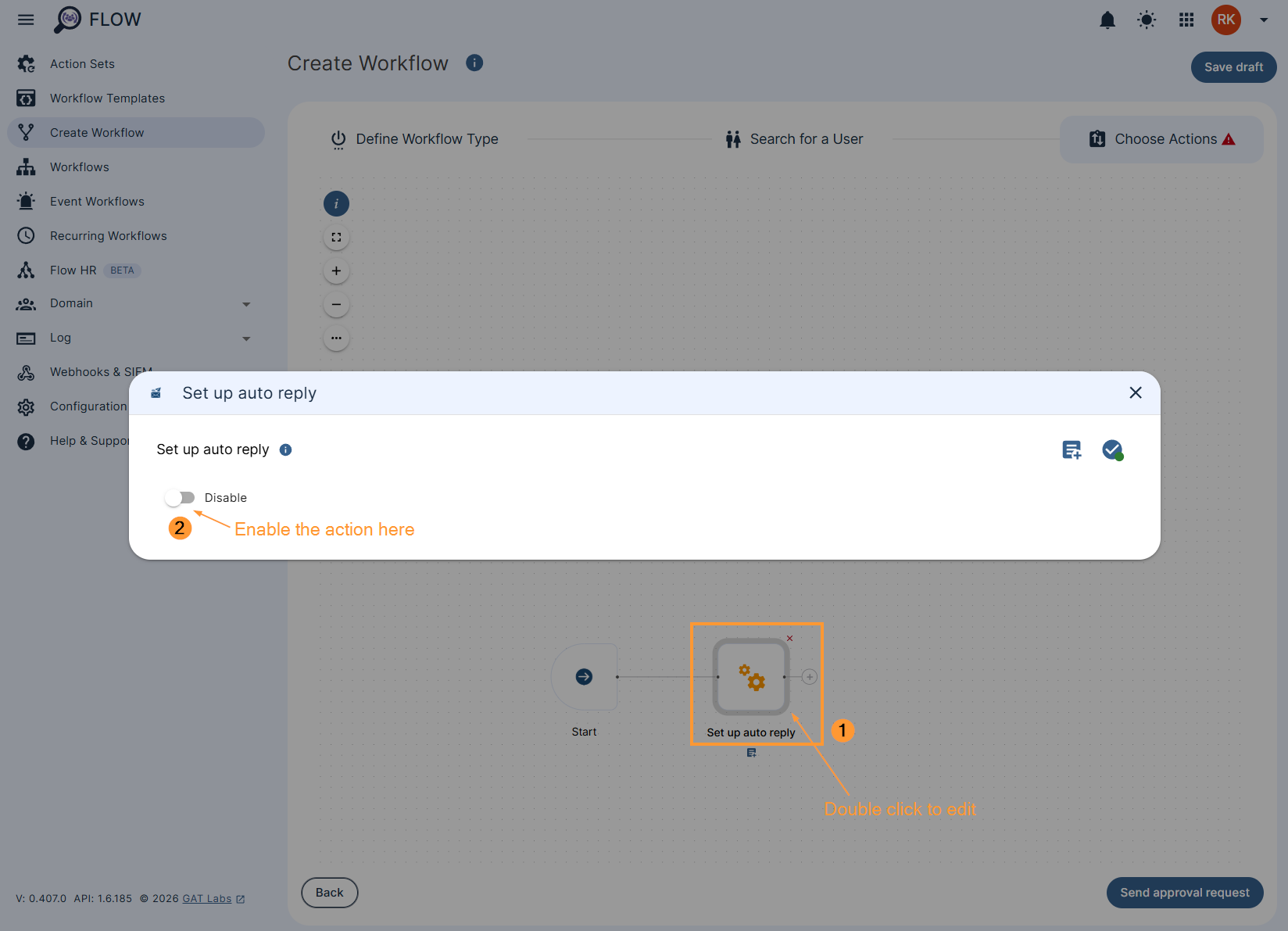 Enabling the 'Set up auto reply' action in a GAT Flow workflow