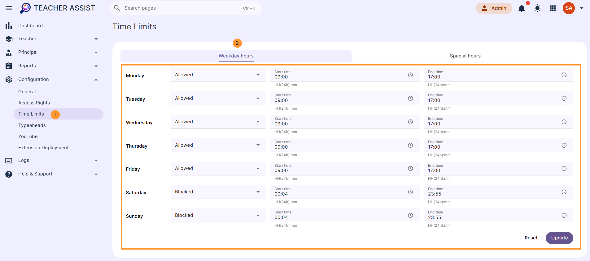 To set up regular weekday hours, navigate to Configuration > Time Limits > Weekday Hours section. Select days and action for Teacher Assist to be blocked or allowed. If Allowed is selected, the use of Teacher Assist will be allowed. The remaining times will be Blocked. If Blocked is selected, the use of Teacher Assist will be blocked. The remaining times will be Allowed