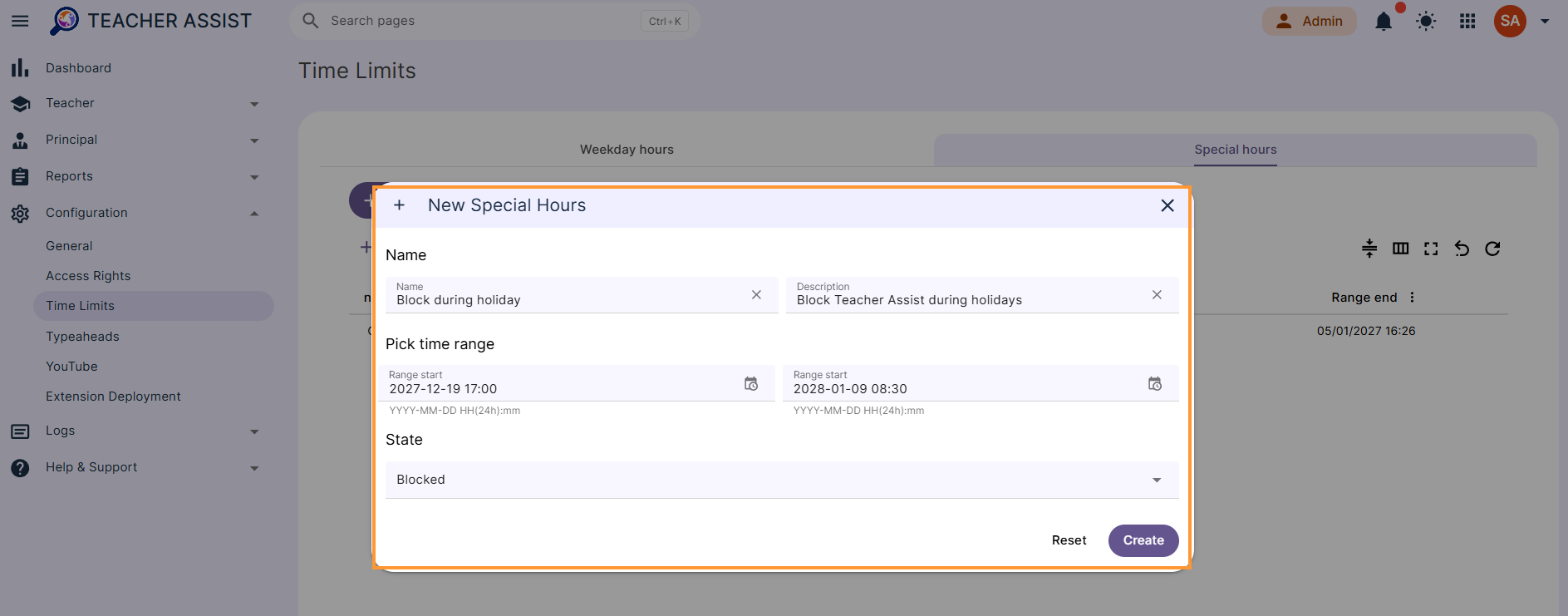 Navigate to the Configuration > Time Limits > Special Hours tab and select the time range during which the student's monitoring will be allowed or blocked.
