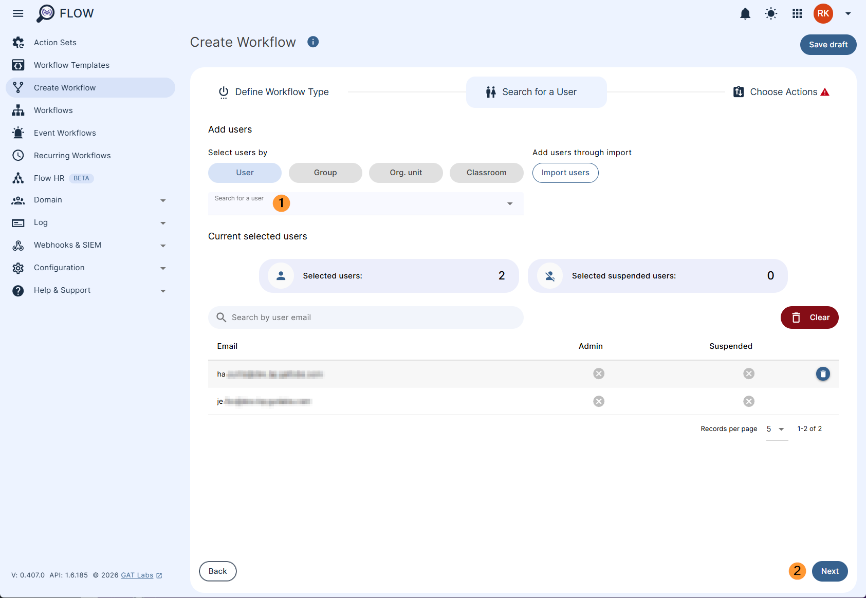 Selecting users in a GAT Flow workflow.