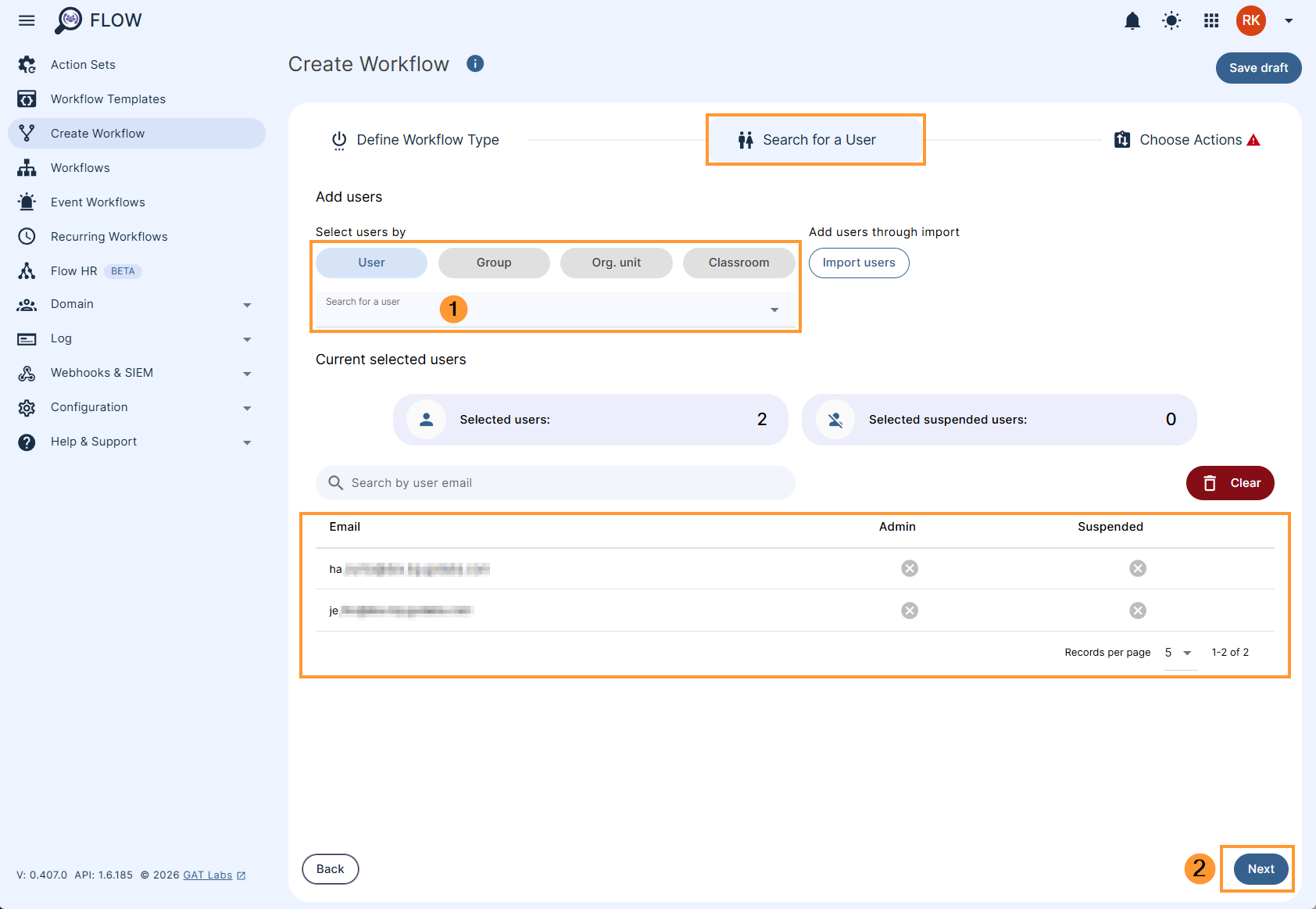 Selecting users in a GAT Flow workflow