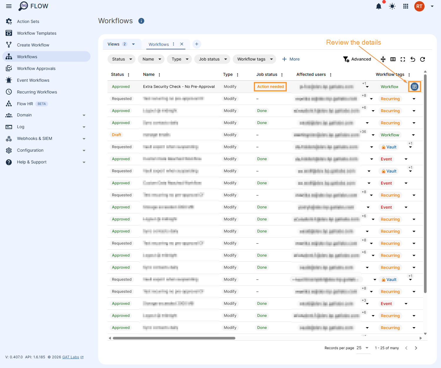 Reviewing details of a GAT Flow workflow