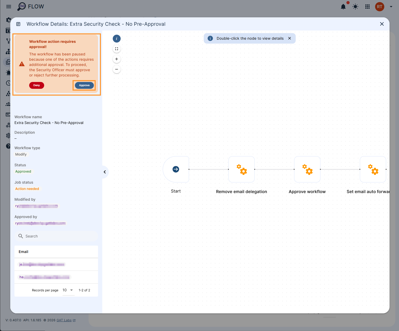 Workflow action requires approval within the workflow details.