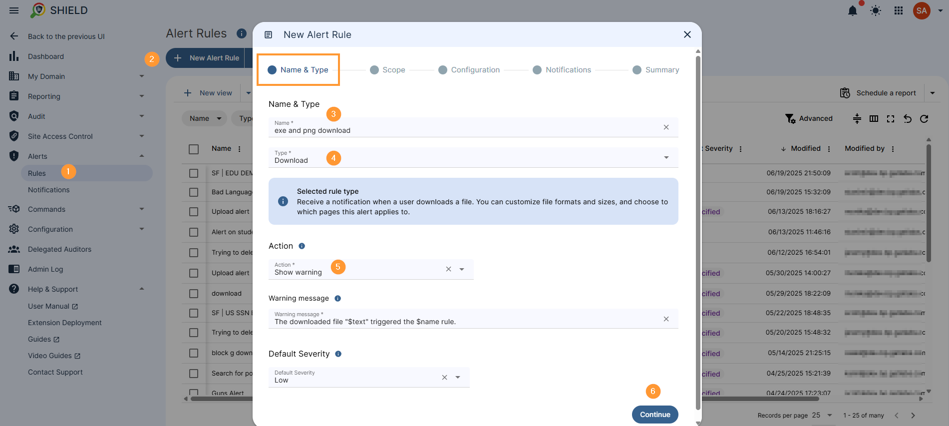 Creating a new GAT Shield alert rule with the name 'exe and png download', setting the rule type to 'Download', the action to 'Show warning', and default severity to 'Low'.
