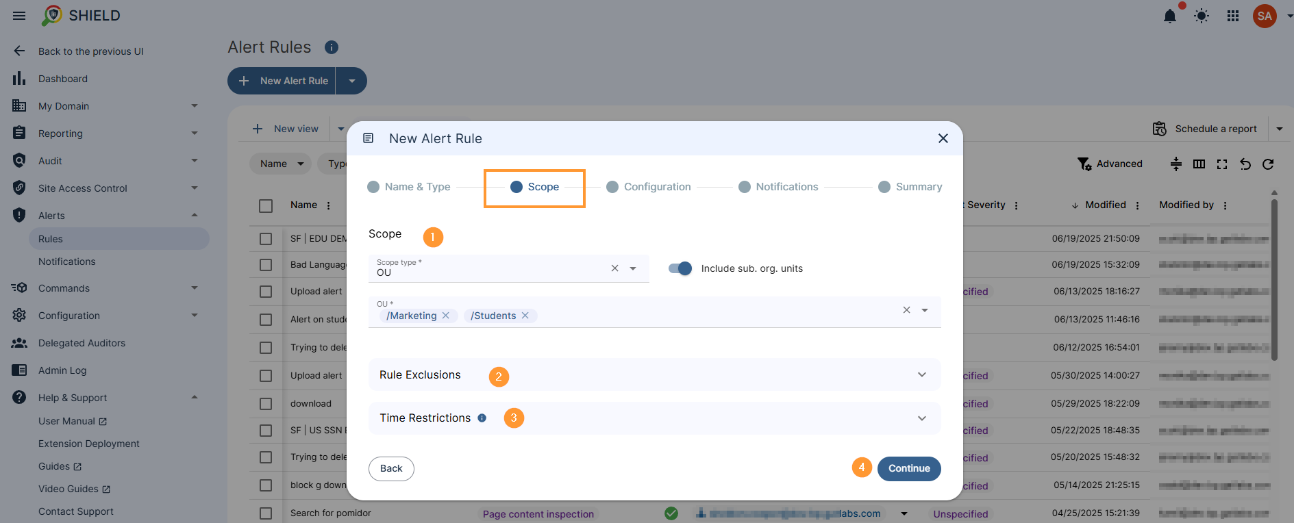 Scope - a window where to enter the affected users by the rule, you can select user, group or org unuit of users, rule exclusions, select users to be excluded from the alert and time restriction option where you can select times where the rule will be active