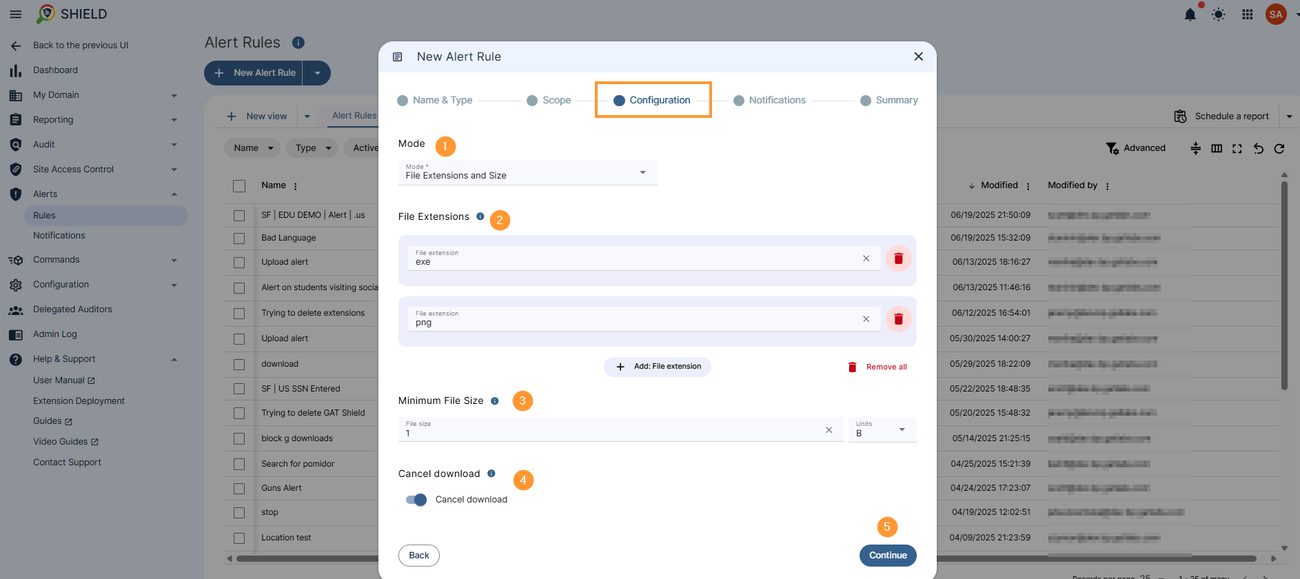 Mode Selection
Choose the mode that defines how the alert rule will be applied:

File extensions and Size: The rule will be triggered based on both file extensions and file size.
File extensions only: The rule will be triggered based solely on file extensions.
Size only: The rule will be triggered based solely on file size.
File Specifications
File extensions: Enter the specific file extensions that will trigger this rule (e.g., "pdf, docx, zip"). If a Minimum File size is configured, you can leave this field empty to trigger the alert on any download, regardless of extension.
Minimum File size: Enter a numerical value representing the minimum file size (in bytes, kilobytes, or megabytes) that will trigger the alert. For example, "10KB" or "5MB".
Cancel download: Enable this option to automatically cancel the download and delete any locally saved files when the alert rule is triggered.