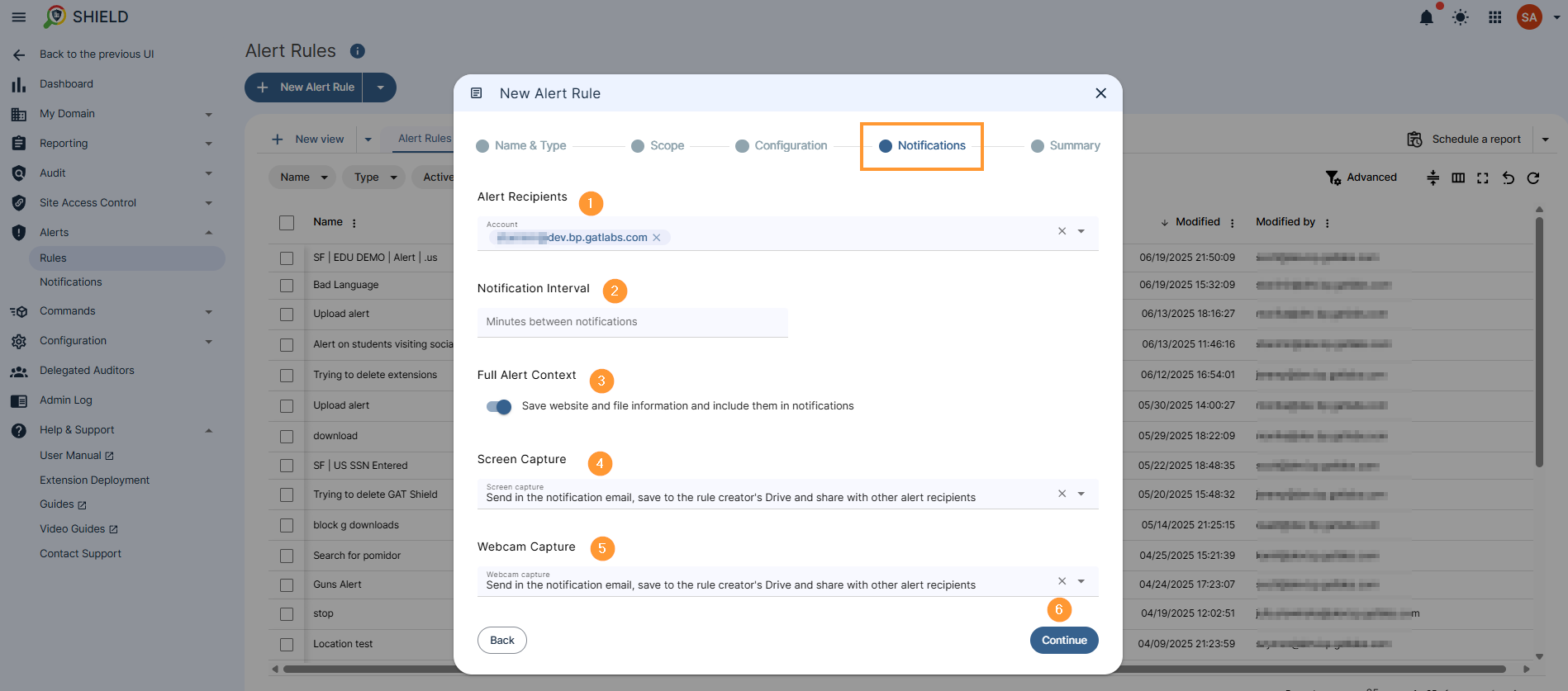 Alert Rule Configuration: Notifications
This section describes how to configure the notification settings for your alert rules.

Recipients and Frequency
Recipients: Choose the individuals or groups who will receive these alerts.
Notification interval: Set the time in minutes during which duplicate alert notifications will not be sent for the same event. This prevents notification spam.
Alert Context
Full alert context: Enable this option to include detailed website and file information directly within the alert notifications. This provides a comprehensive overview of the triggered event.
Visual Captures
Screen capture: Select one of the following options for screen captures when an alert is triggered:

Do not send: No screen capture will be included in the notification.
Send in the notification email: A screen capture will be attached to the notification email.
Send in the notification email and save to the rule creator's Drive: The screen capture will be sent via email and also saved to the Google Drive of the user who created the rule.
Send in the notification email, save to the rule creator's Drive and share with other alert recipients: The screen capture will be emailed, saved to the rule creator's Drive, and shared with all other designated alert recipients.
Webcam capture: Select one of the following options for webcam captures when an alert is triggered:

Do not send: No webcam capture will be included in the notification.
Send in the notification email: A webcam capture will be attached to the notification email.
Send in the notification email and save to the rule creator's Drive: The webcam capture will be sent via email and also saved to the Google Drive of the user who created the rule.
Send in the notification email, save to the rule creator's Drive and share with other alert recipients: The webcam capture will be emailed, saved to the rule creator's Drive, and shared with all other designated alert recipients.