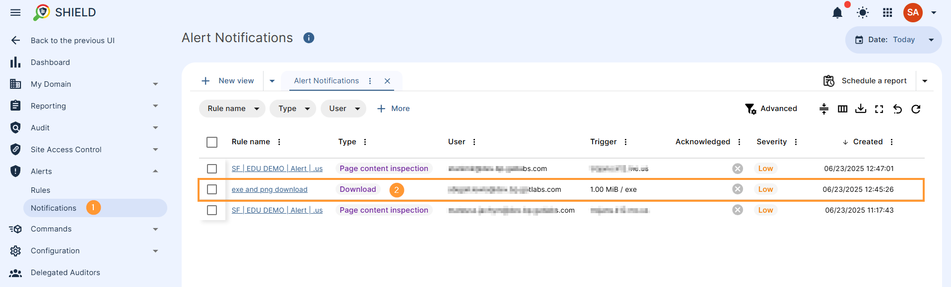alert notifications - where all Shield alerts are triggered will be displayed