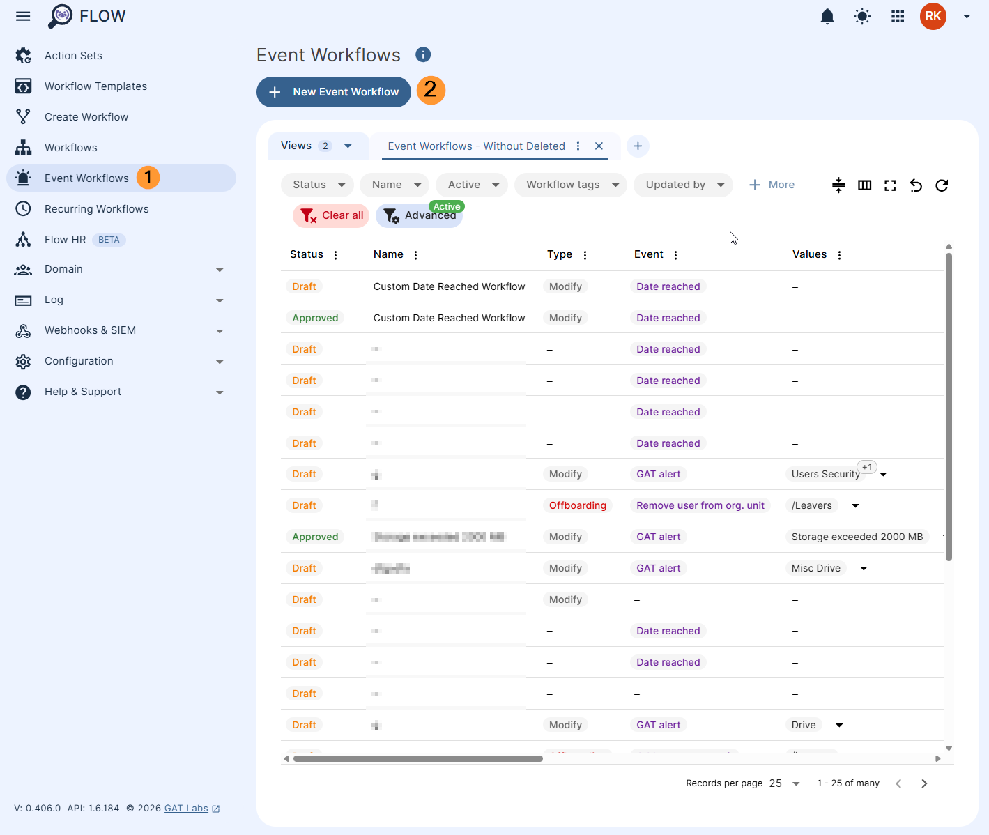 In Flow click the 'Event Workflows' on the left side menu, then click + New Event Workflow
