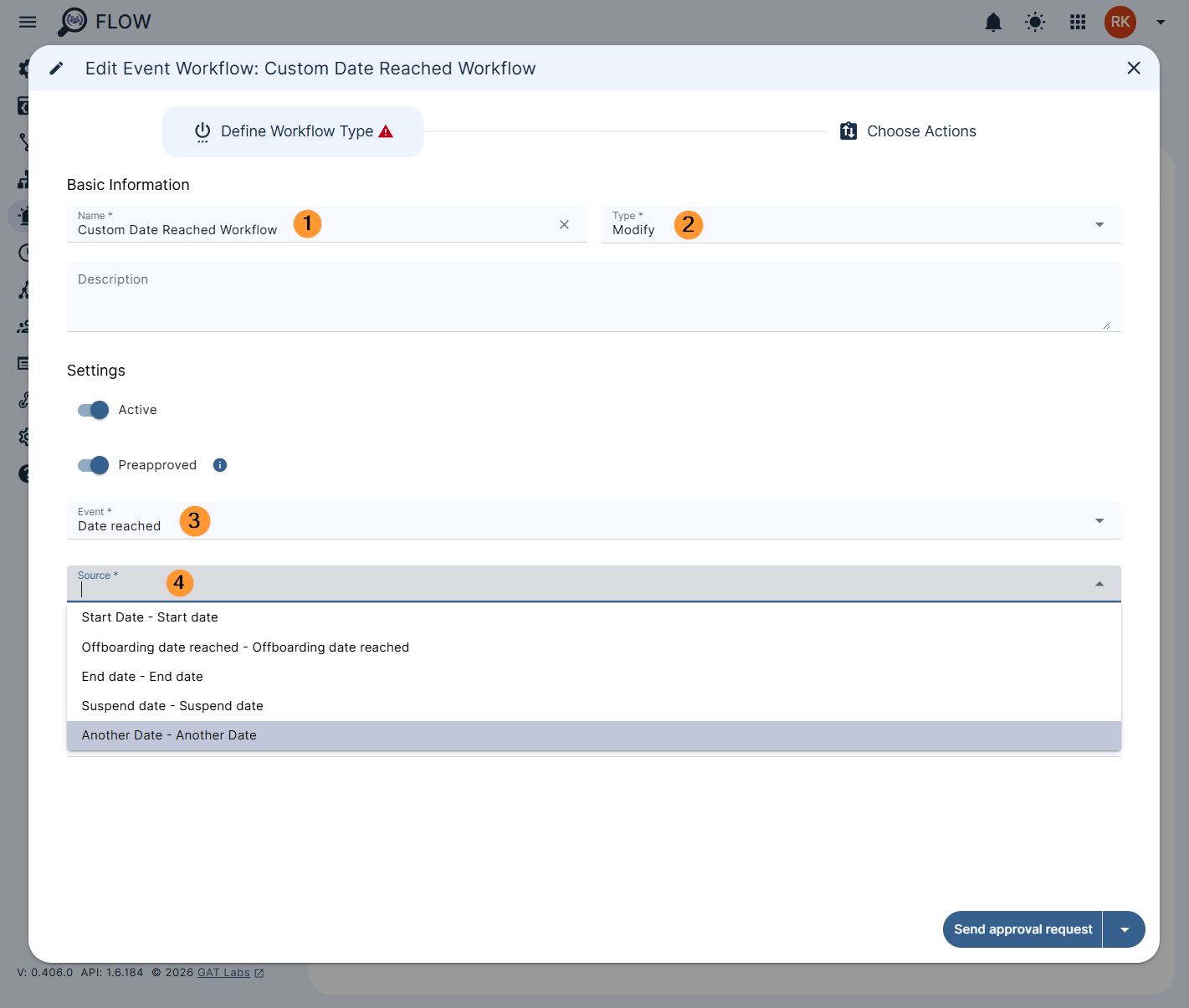 Give the workflow a name, type as 'Modify', event as 'Date Reached' and select the custom attribute in source section.