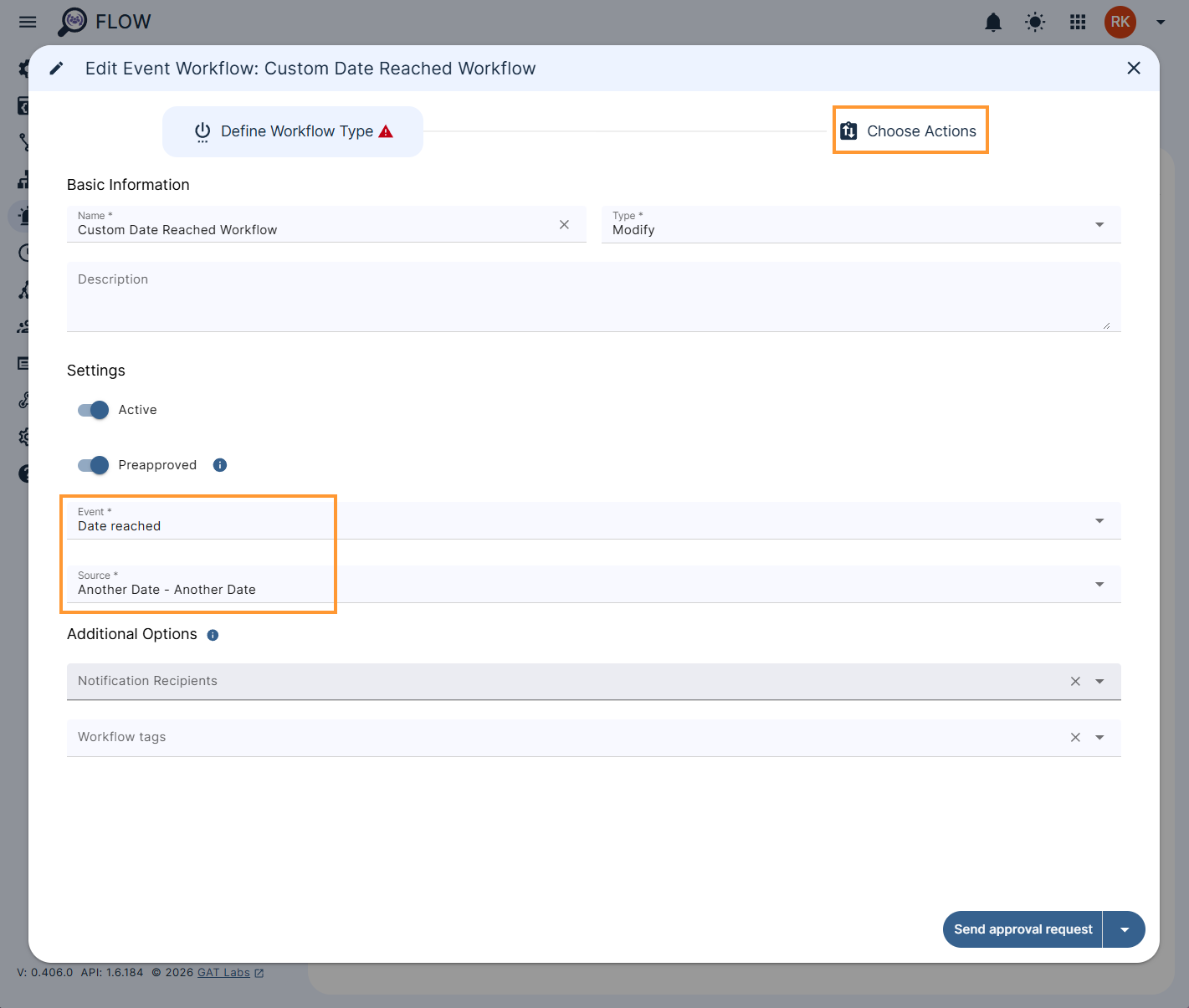 Once the event and source are selected, click the 'Choose Actions' button to continue the workflow.