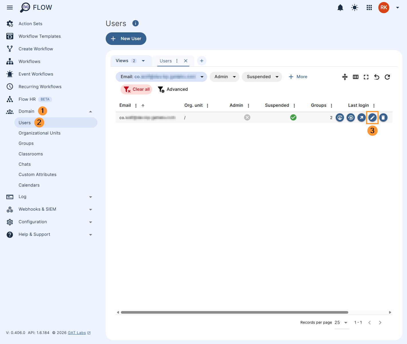 Expand the 'Domain' section and click 'Users' on the left side menu and edit a user.