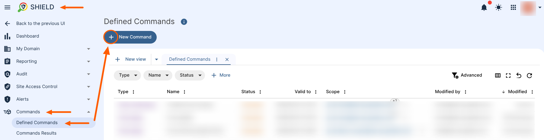 GAT Shield command configuration window showing 'New Command' selected in the Defined Command button, with fields for type, name, status, and scope