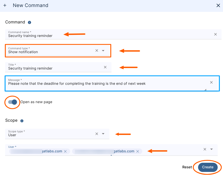 GAT Shield New Command configuration screen with 'Show notification' selected as the command type, message field filled with a security training reminder, 'Open as new page' toggle enabled, and specific users selected under scope