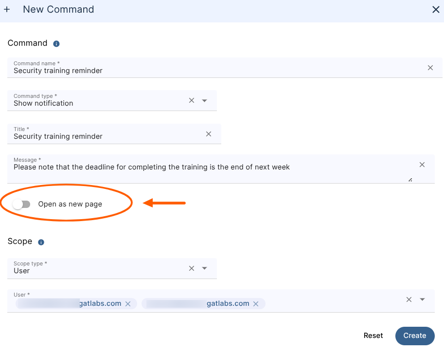 GAT Shield New Command configuration screen showing 'Show notification' command with the 'Open as new page' toggle disabled, indicating the message will appear as a small pop-up instead of a new browser tab
