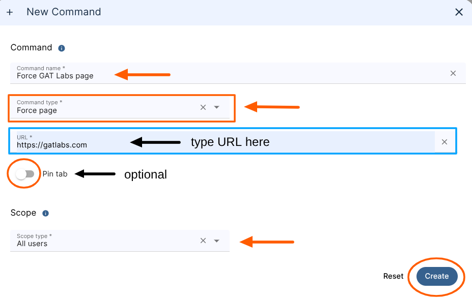 GAT Shield New Command configuration screen showing a 'Force page' command setup with URL input field, optional 'Pin tab' toggle, scope set to all users, and the Create button highlighted