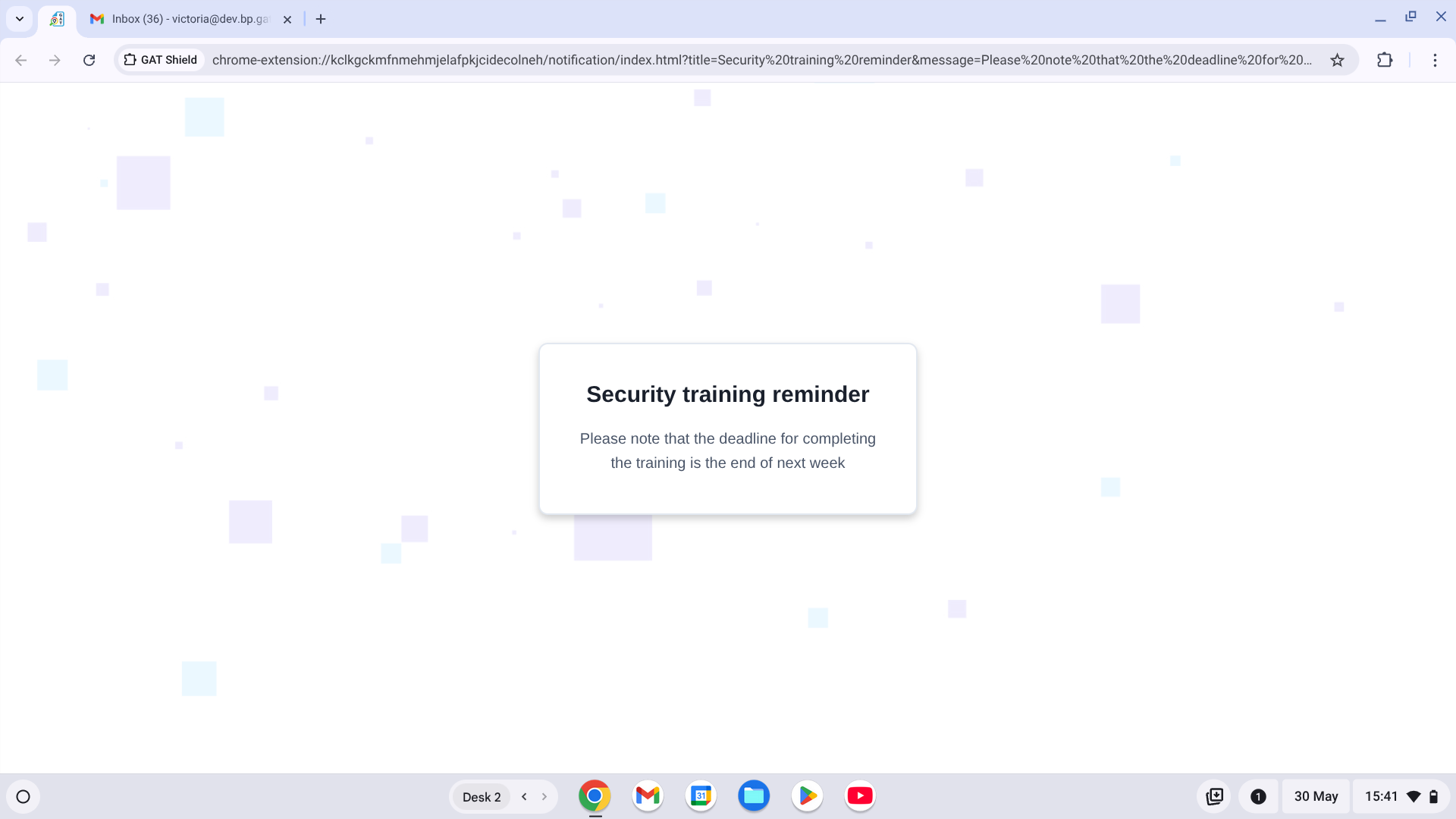 Chrome browser tab displaying a full-screen Critical Command message from GAT Shield titled 'Security training reminder' with a deadline notice for completing training