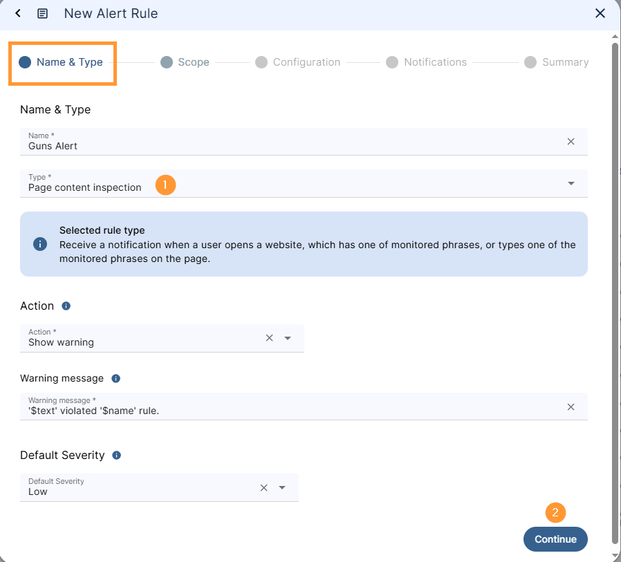 GAT Shield alert rule creation screen showing the 'Name & Type' step configured with the rule name 'Guns Alert', rule type 'Page content inspection', action set to 'Show warning', and severity set to 'Low'