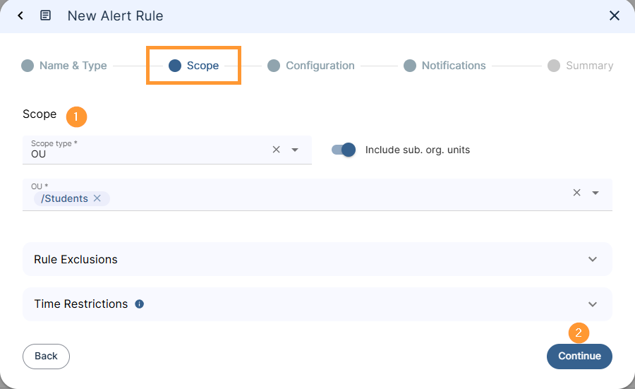 GAT Shield alert rule setup screen on the 'Scope' step with scope type set to 'OU', organisational unit '/Students' selected, and 'Include sub. org. units' toggle enabled