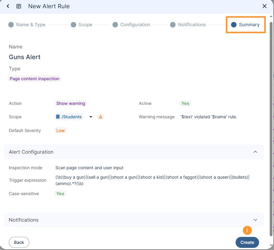 GAT Shield alert rule setup summary showing final configuration for a 'Guns Alert' rule with type 'Page content inspection', warning action, low severity, scoped to /Students, and a case-sensitive trigger expression