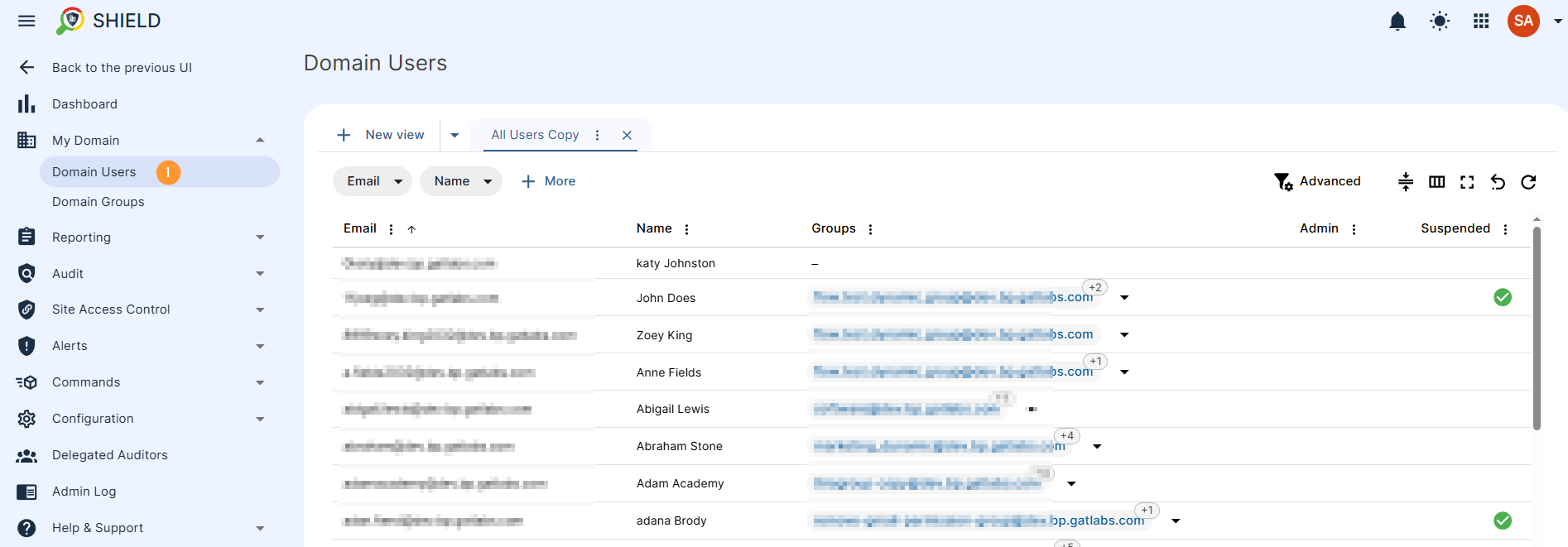 GAT Shield interface showing a list of all domain users. For each user, the following attributes are available: Email Address: The unique email identifier for each users Name: The user's full name. Group Membership: A collection of all groups the user is a member of. Admin Status: A boolean indicator (True/False) denoting administrator privileges. Suspension Status: A boolean indicator (True/False) showing if the user account is suspended.