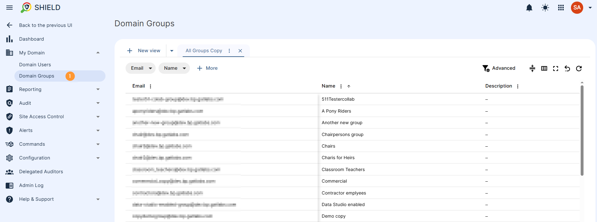 The "Domain Groups" section within GAT Shield provides a list of all domain groups. For each group, the following attributes are available: It contains list of email addresses, name of the groups, descriptions for each of the groups