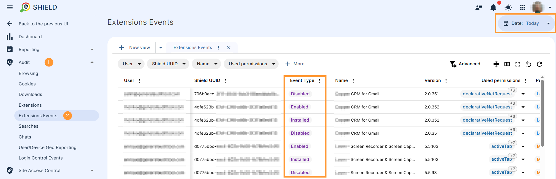 GAT Shield Extensions Events dashboard showing a filtered list of Chrome extension actions by users. The 'Event Type' column highlights different actions such as Installed, Enabled, and Disabled. Filters at the top allow sorting by User, Shield UUID, Extension Name, and Used Permissions. The sidebar shows navigation to Extensions Events under Audit.