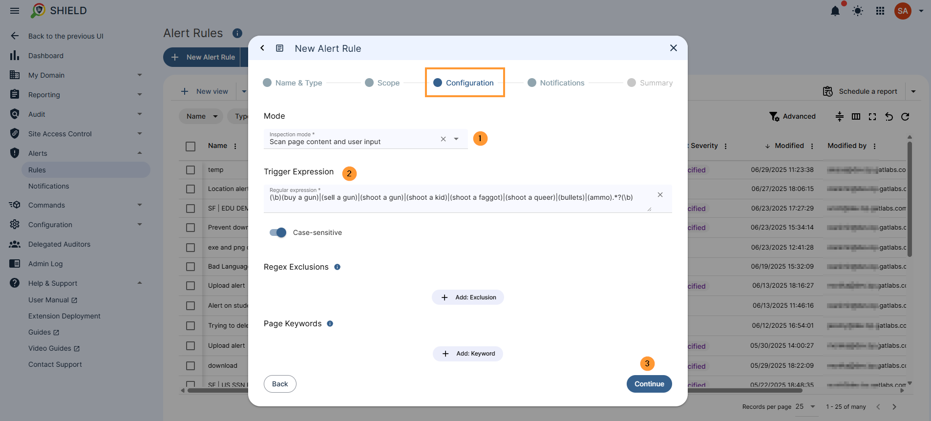 GAT Shield alert rule setup screen on the 'Configuration' step with inspection mode set to 'Scan page content and user input', a regular expression trigger expression entered, and options for regex exclusions and page keywords