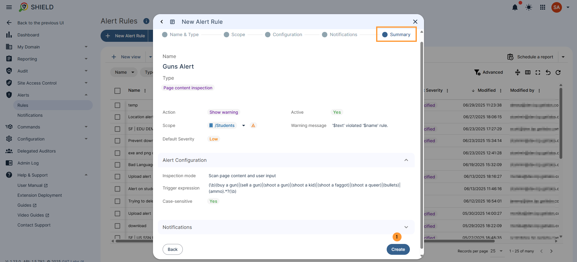 GAT Shield alert rule setup summary showing final configuration for a 'Guns Alert' rule with type 'Page content inspection', warning action, low severity, scoped to /Students, and a case-sensitive trigger expression