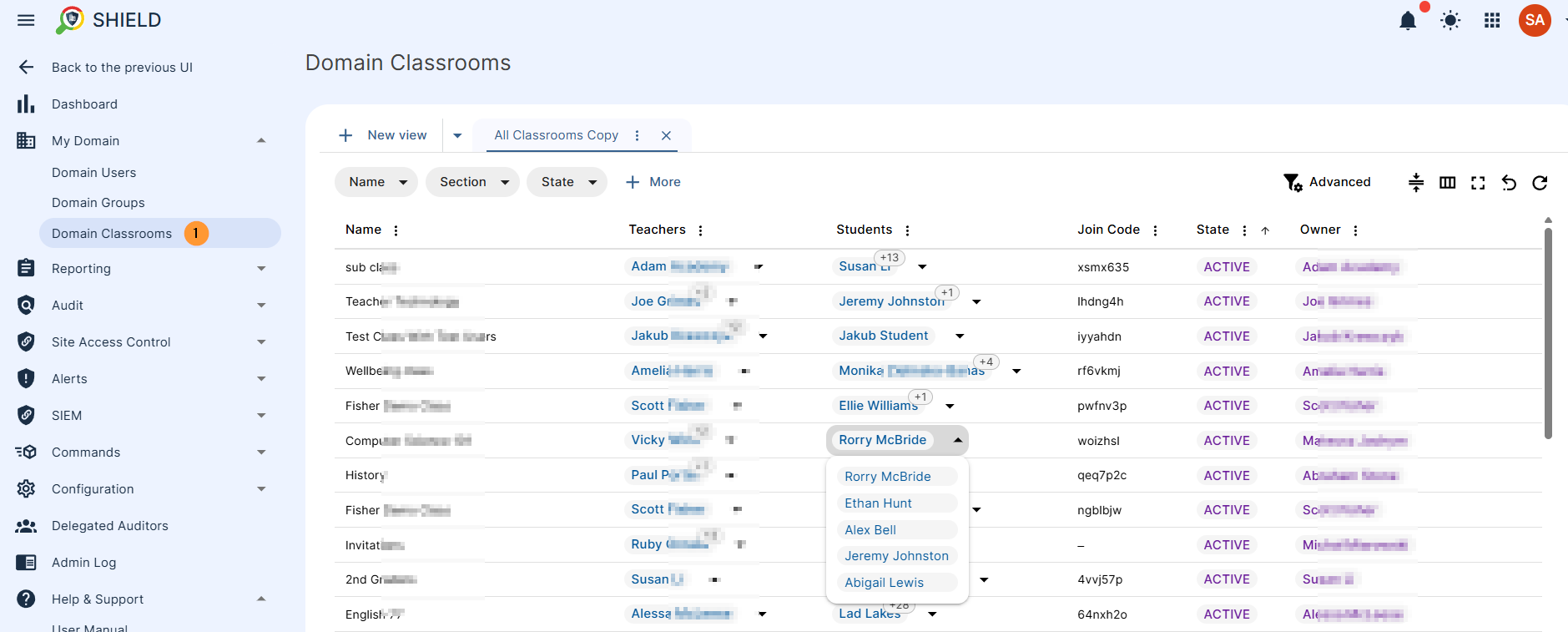 Classrooms audit in Shield - Admin can view all classroosm on the domain as well as its data such as who are the teachers and students