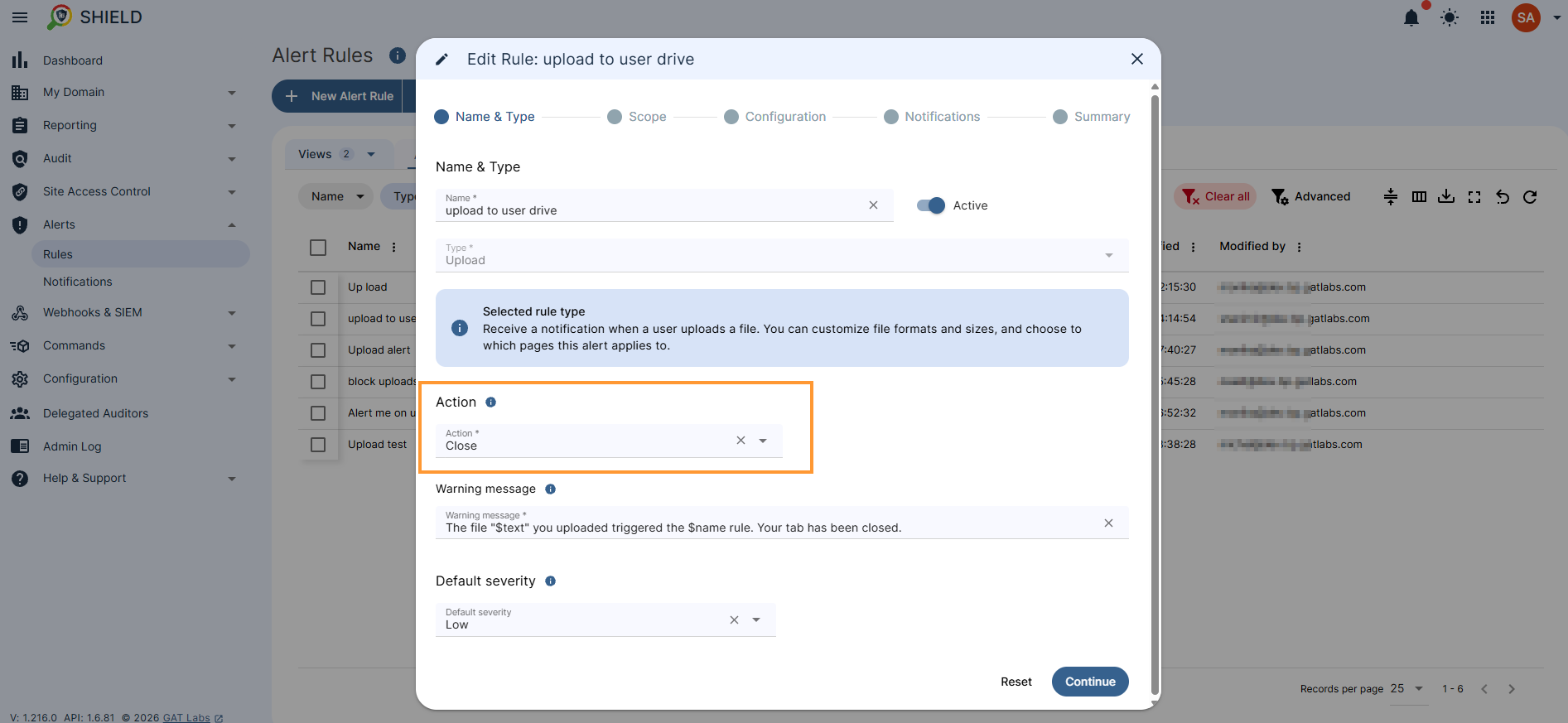 To cancel the upload inthe user action select "close" this will close the tab for the user right away not allowing the upload