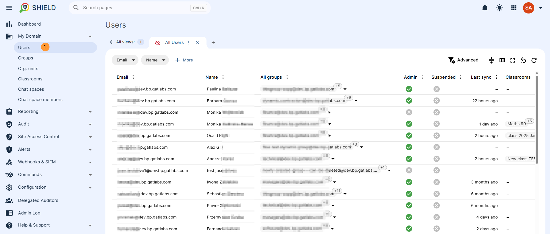 To view domain users, go to GAT Shield > My Domain > Domain Users.
You’ll see a full list of all users in your domain.
Email Address: The unique email identifier.
Name: The user's full name.
Group Membership: A collection of all groups the user is a member of.
Admin Status: An indicator (True/False) denoting administrator privileges.
Suspension Status: An indicator (True/False) showing if the user account is suspended.
This section helps admins quickly audit accounts for potential risks or verify access control.