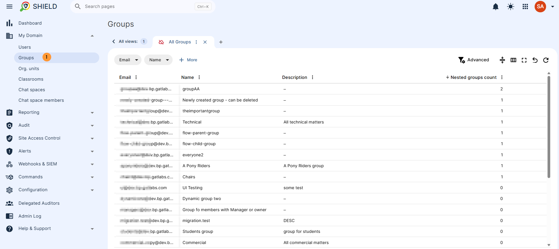 Go to GAT Shield > My Domain > Domain Groups to see all configured groups.
For each group, you’ll find:
Email Address: The group's associated email identifier (if applicable).
Name: The group's designated name.
Description: The group description added by the group admin, an explanation of what the group is for