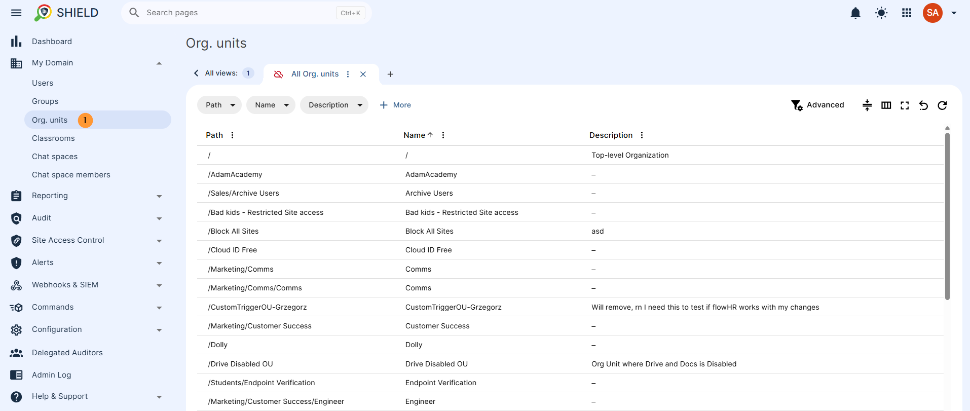 Go to GAT Shield > My Domain > Org. Units
View a list of all org. units along with their path name and description.