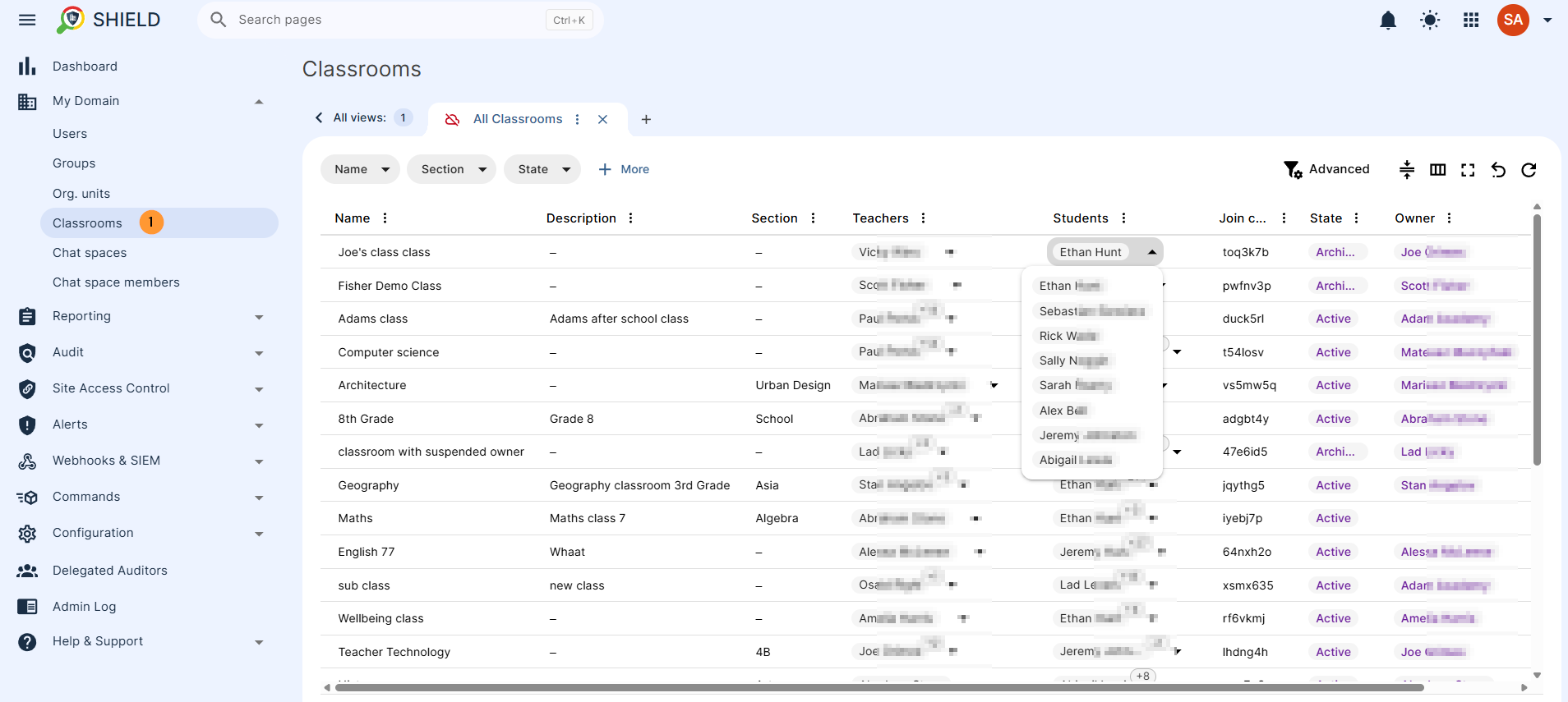 Go to GAT Shield > My Domain > Domain classrooms to see all Google Classrooms.
For each classroom, you’ll find:
Name: The classroom's designated name.
Description: The classroom description added by the Teacher, an explanation of what the classroom is for.
Teacher: The email and name of the Teacher account
Students: List of all the students part of the classroom
State: The state of the classroom is currently Active, Archived, Declined, Deleted, Suspended
Owner: The name of the owner of the classroom